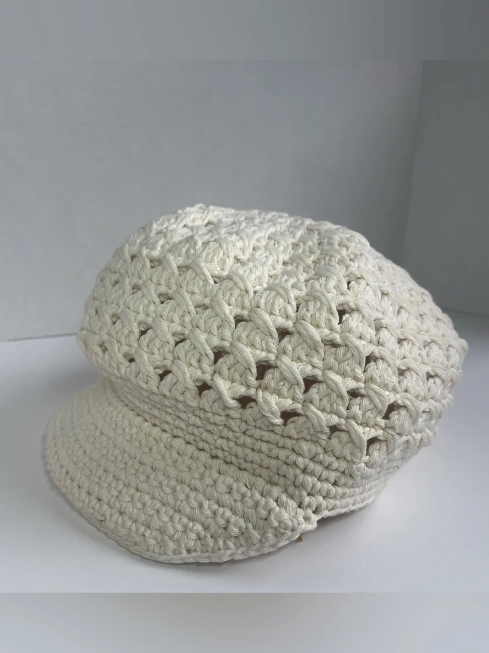 Hand-Crocheted Cream Newsboy Cap with Brim
